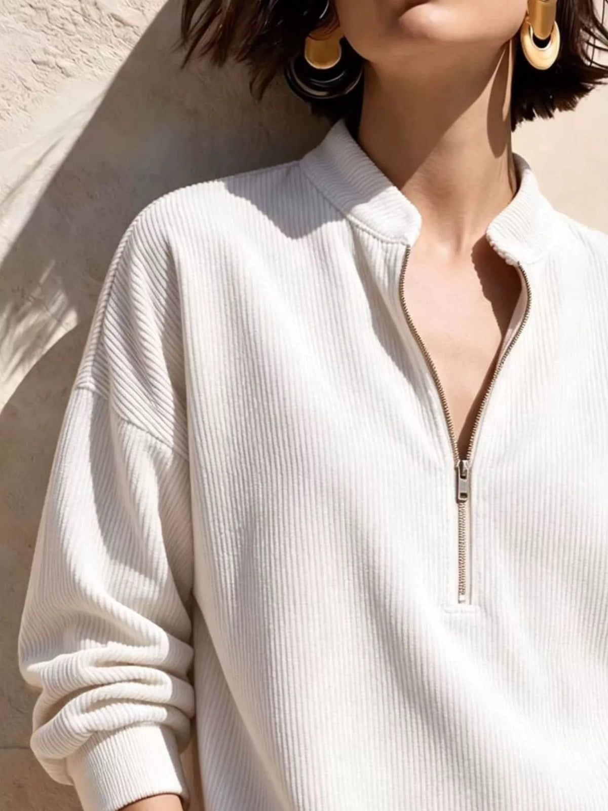 Full Size Half Zip Dropped Shoulder Corduroy Top Plus Size