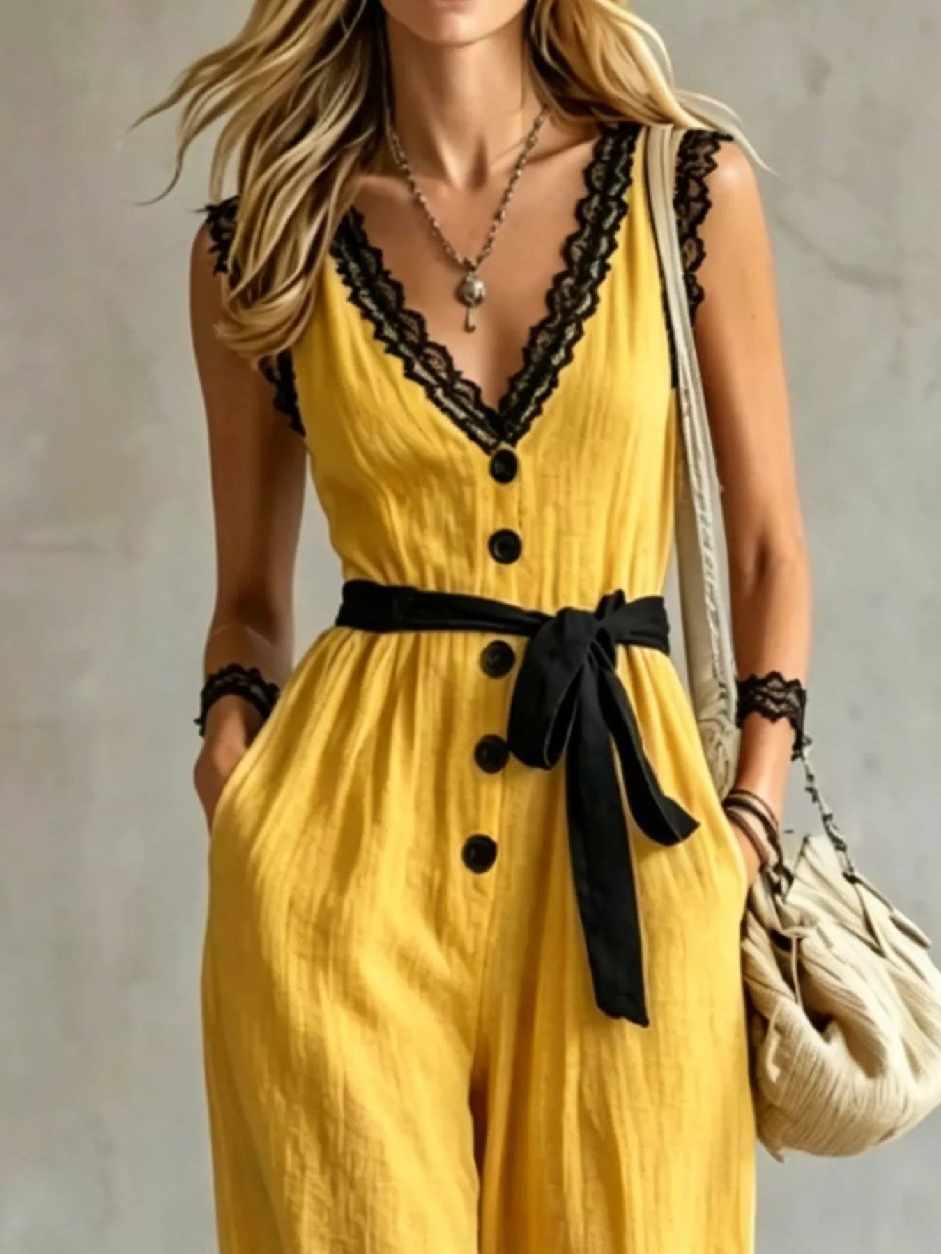 Lace Trim Sleeveless Wide Leg Jumpsuit