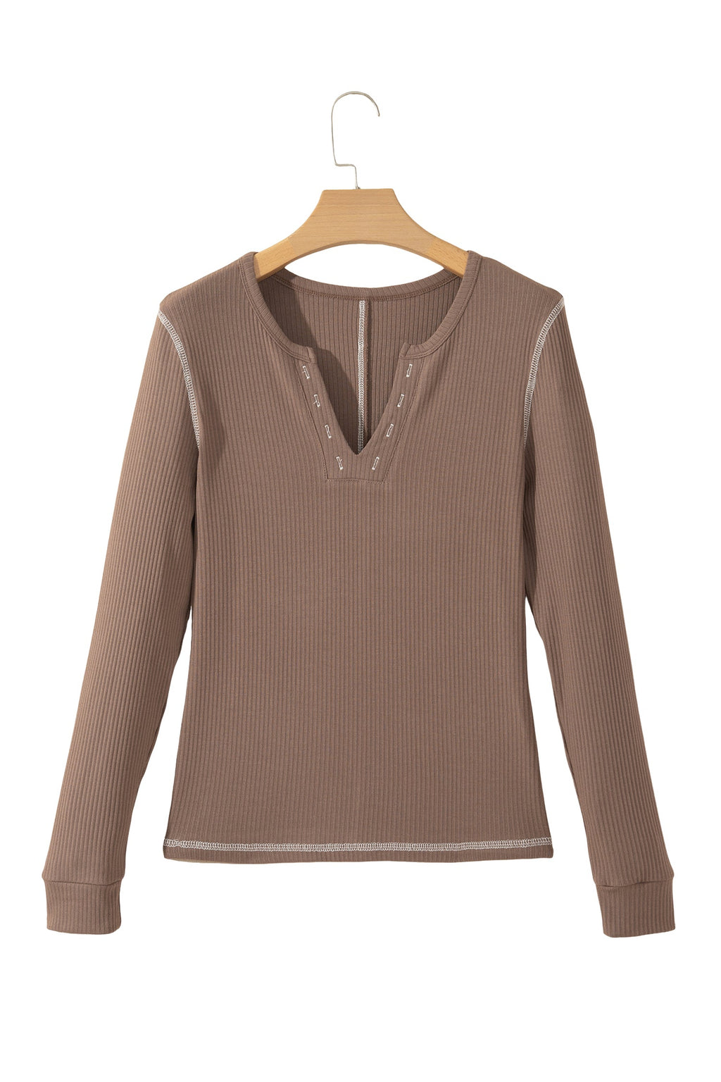 Dark Khaki V Neck Ribbed Stitched Detail Long Sleeve Top