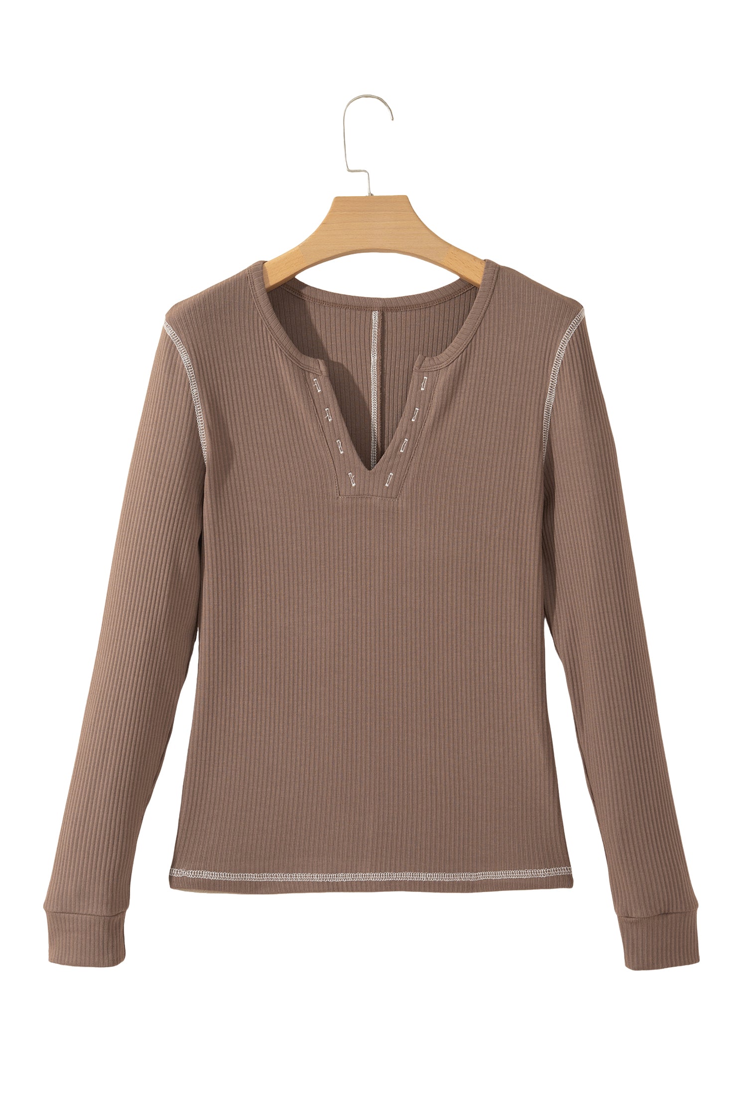 Dark Khaki V Neck Ribbed Stitched Detail Long Sleeve Top