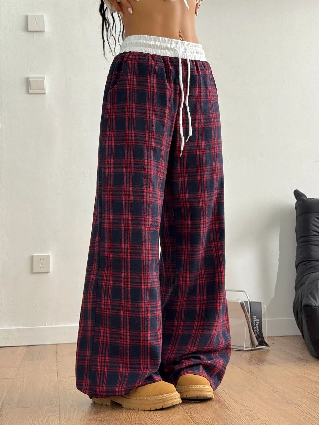 Plaid Wide-Leg Pants with Elastic Waistband
