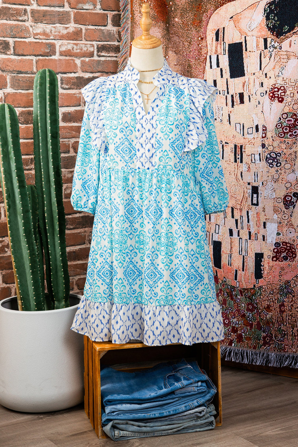 Sky Blue Boho Floral Geometric Patchwork Ruffle Detail Puff Sleeve Mini Dress