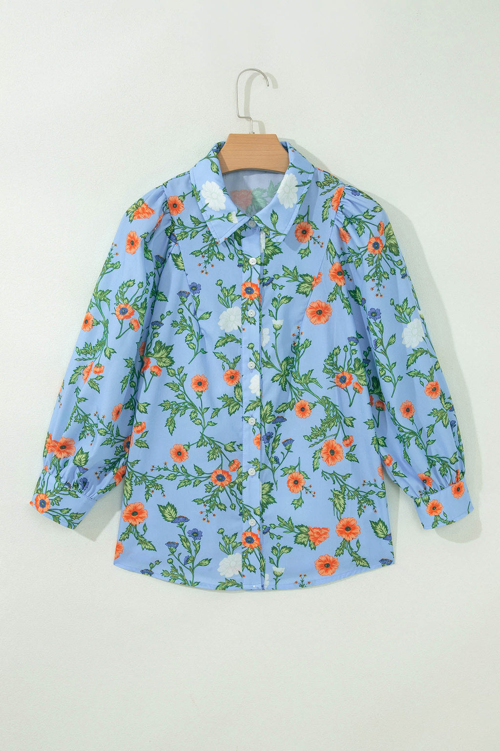 Sky Blue Floral Print Bracelet Sleeve Button Down Casual Shirt