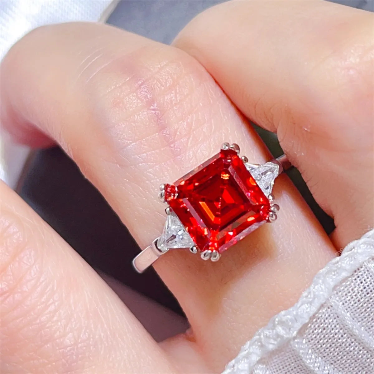 3 Carat Square Red Moissanite Ring with Triangular Accents