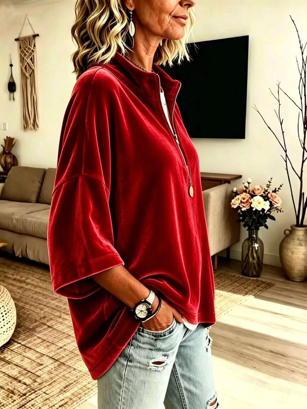 Full Size Velvet Quarter-Zip Sweatshirt Plus Size