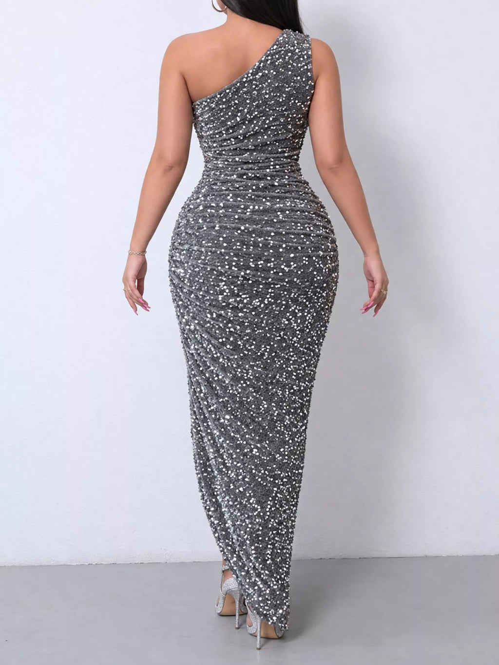 One-Shoulder Ruched Sequin High-Slit Evening Dress