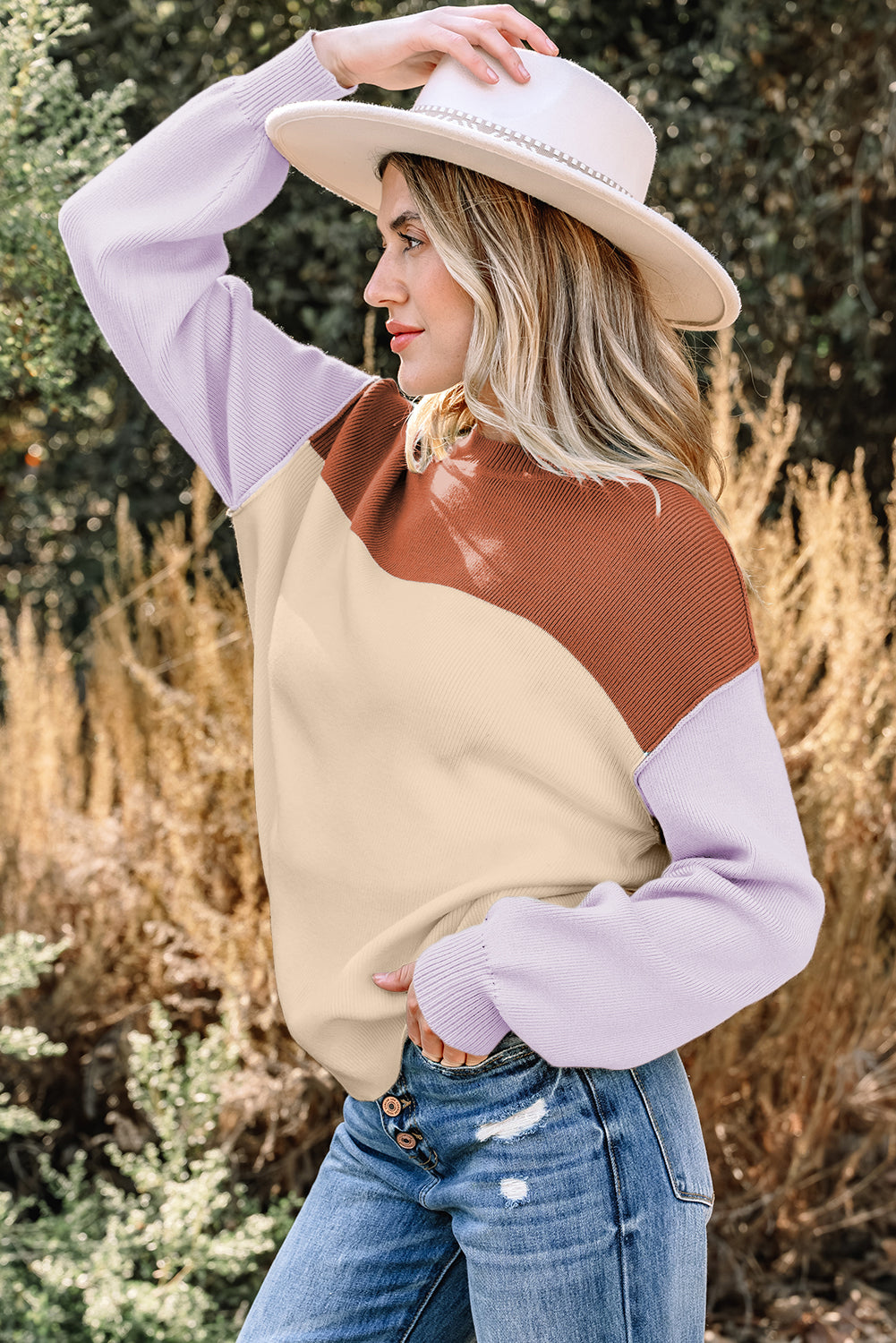 Khaki Color Block Plain Ribbed Knit Baggy Sweater