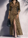 Full Size Leopard Print Sheer Mesh Panel Button-Down Maxi Dress Plus Size