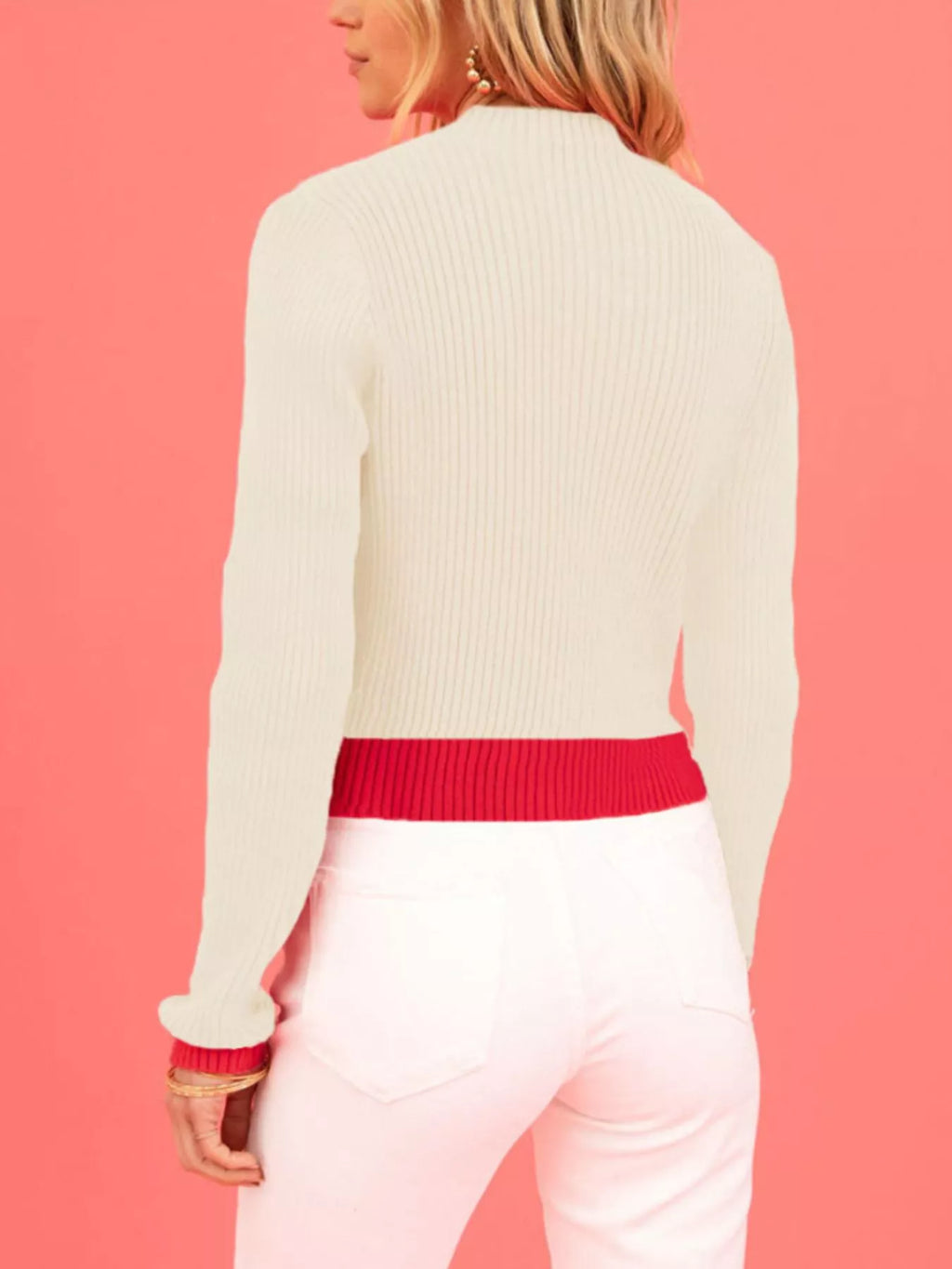 Color-Block Heart Pattern Ribbed Knit Sweater