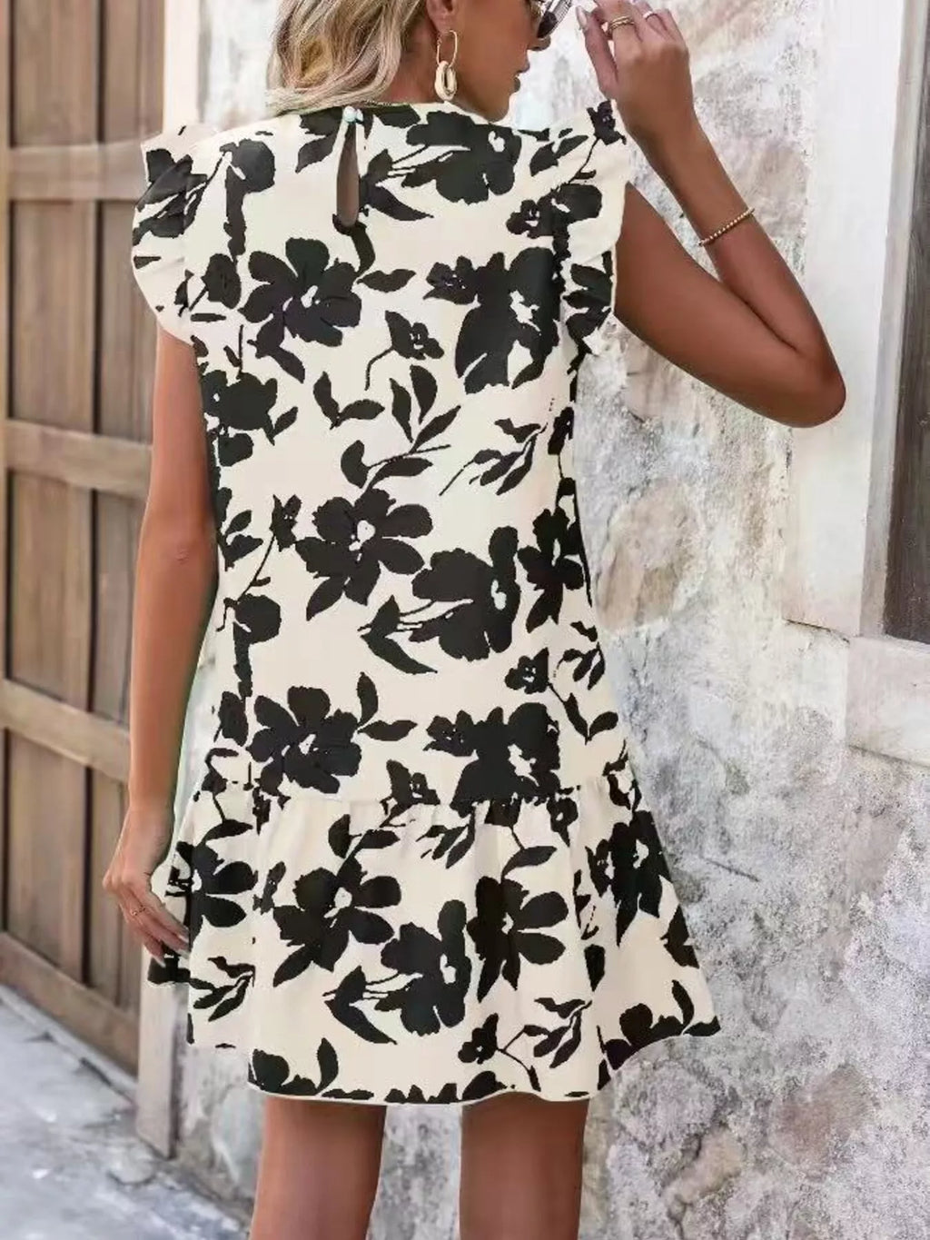 Floral Print Ruffle Sleeve Mini Dress