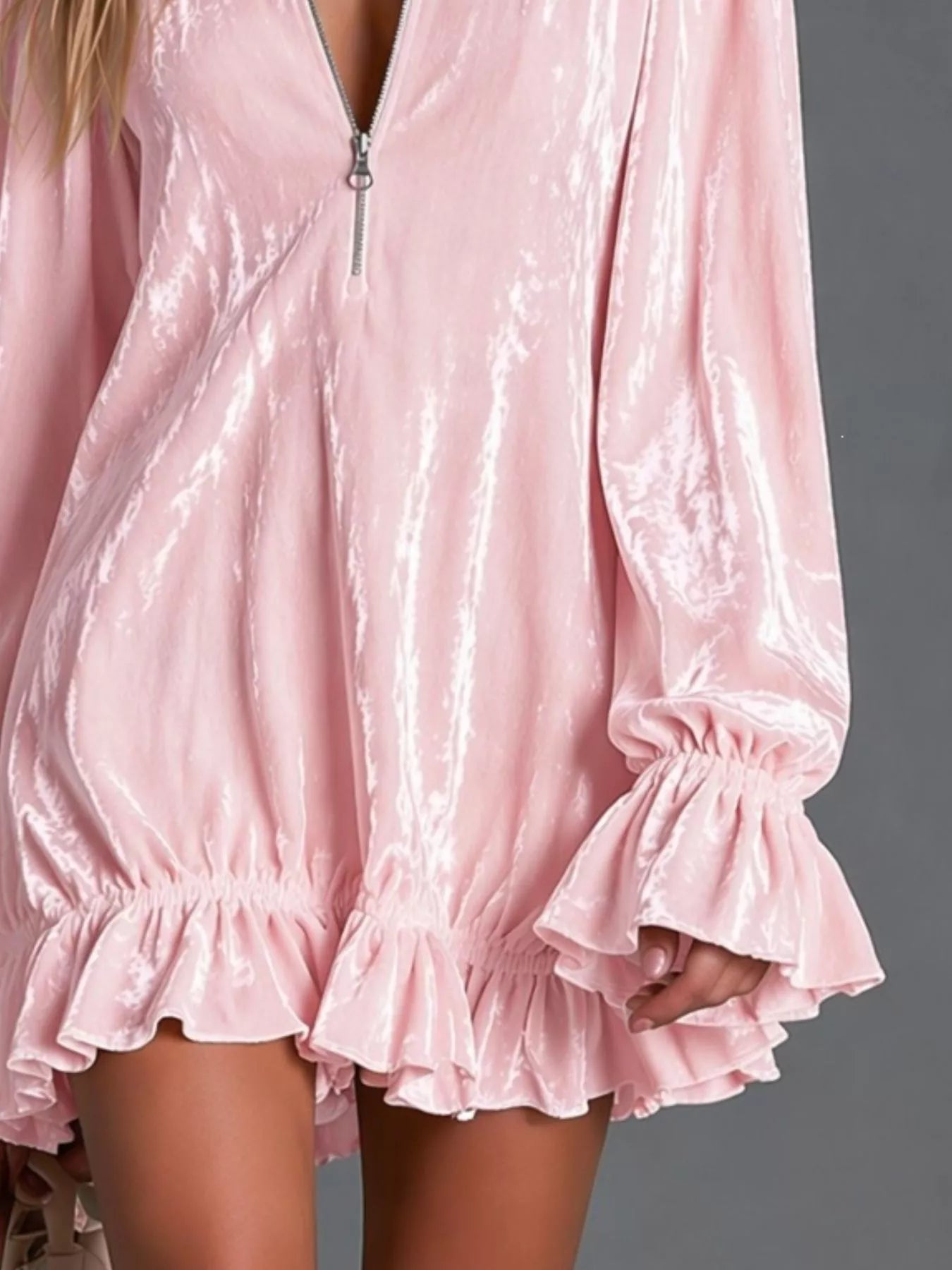 Full Size Zip-Front Ruffle Hem Mini Dress Plus Size