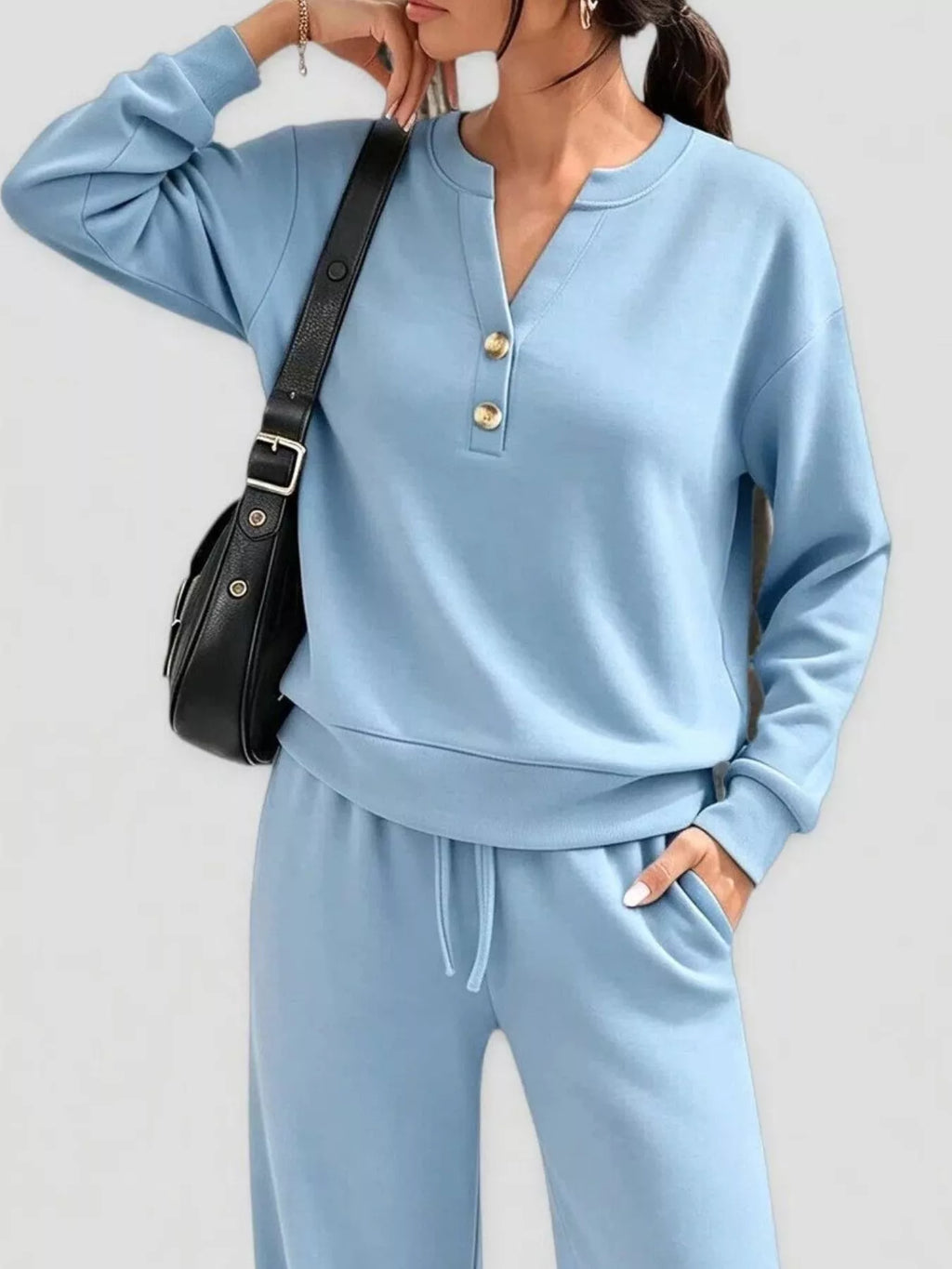 Button Detail Dropped Shoulder Top and Pants Set