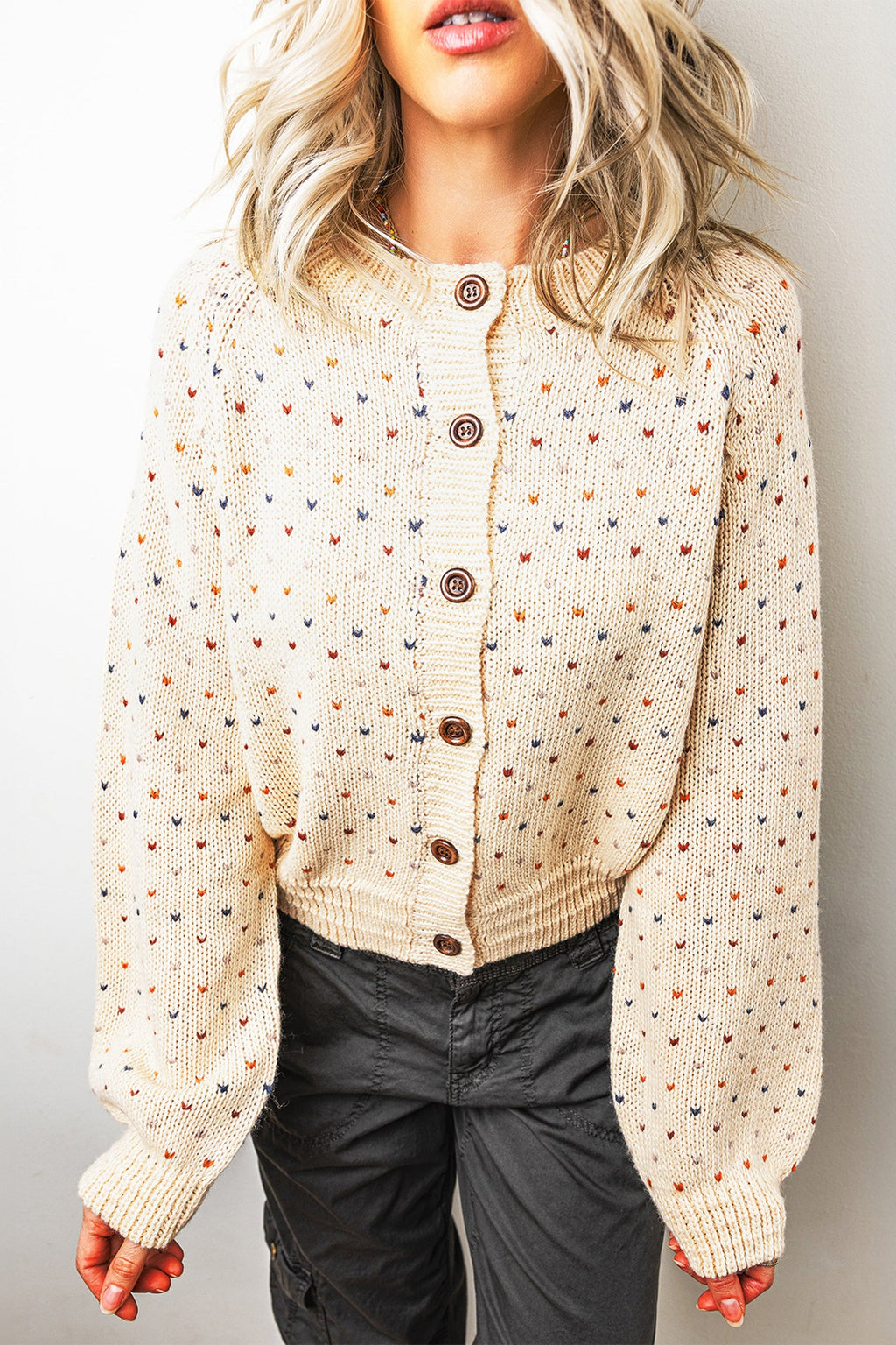 Beige Geometric Print Button Front Long Sleeve Regular Fit Cardigan