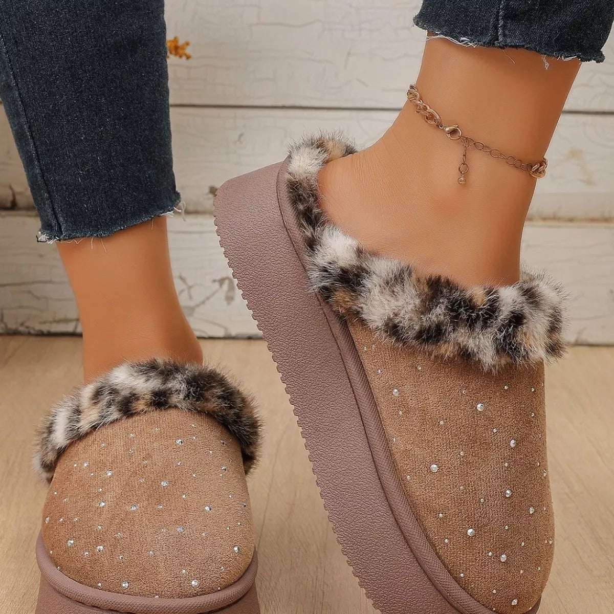 Rhinestone Faux Fur Platform Slippers