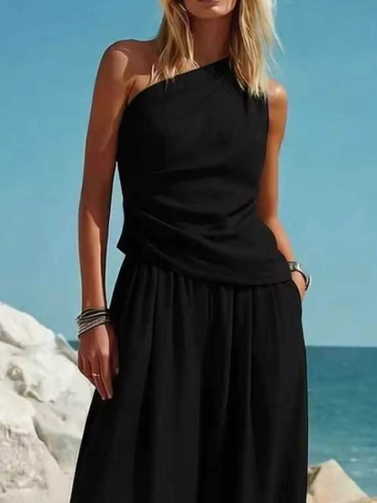 Full Size One-Shoulder Sleeveless Top and Harem Pants Set Plus Size