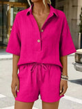 Linen Button Front Short Sleeve Top and Shorts Set
