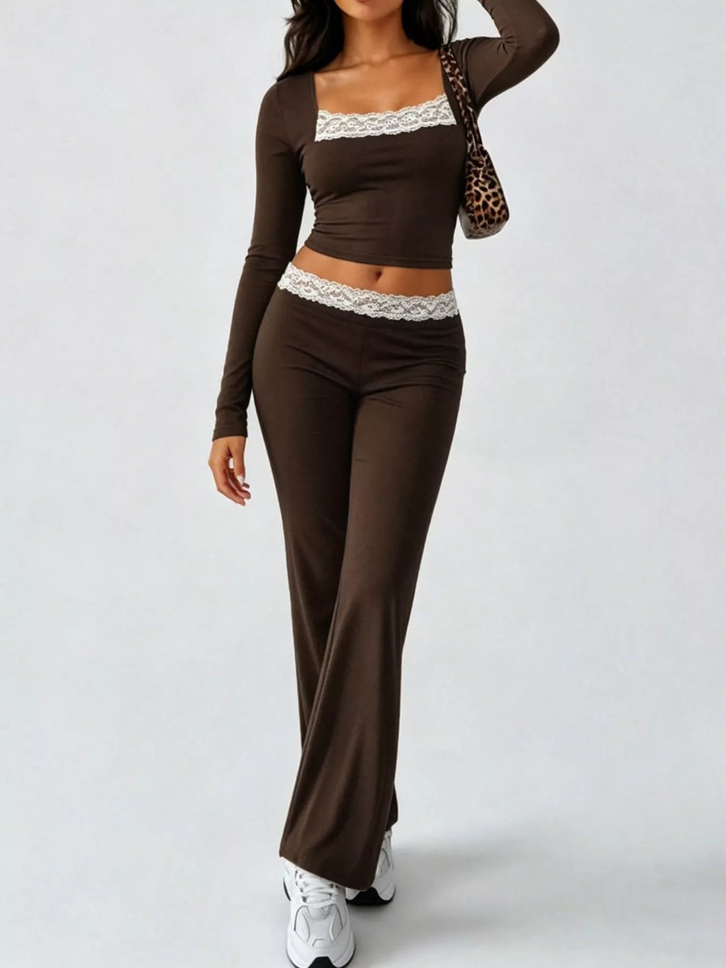 Long Sleeve Lace Trim Crop Top and Wide Leg Pants Set