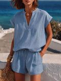 Notched Short Sleeve Top and Shorts Set