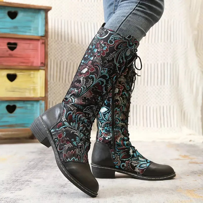 Embroidered Lace-Up Knee High Boots