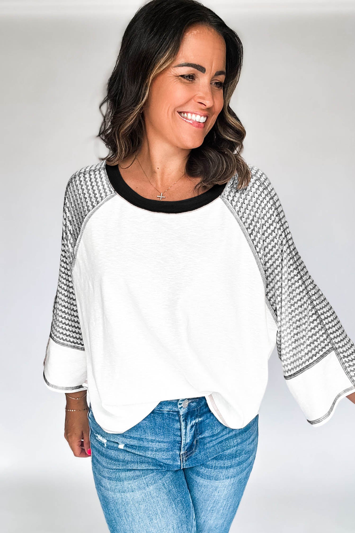 Black Striped Bracelet Sleeve Raglan Patchwork Top