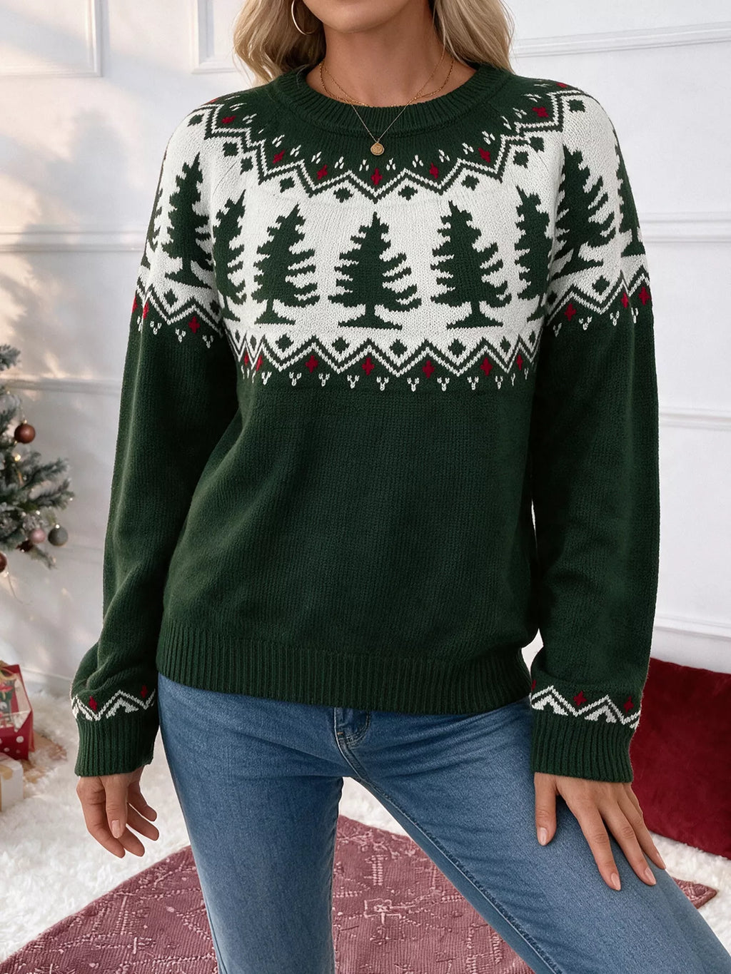 Christmas Tree Pattern Round Neck Sweater