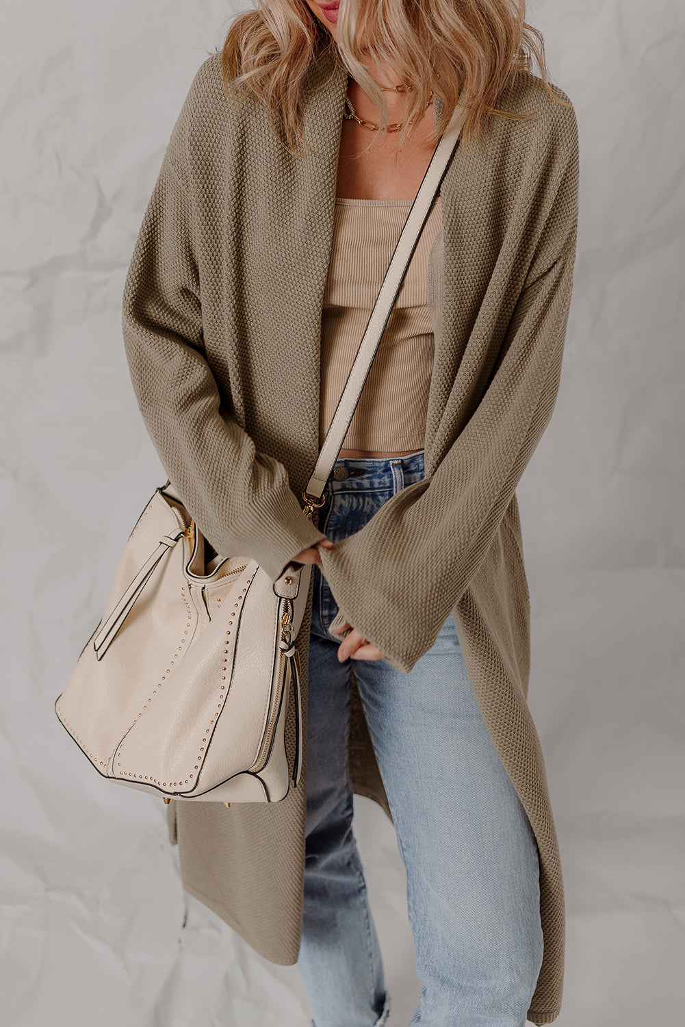 Solid Textured Knit Open-Front Sweater Cardigan