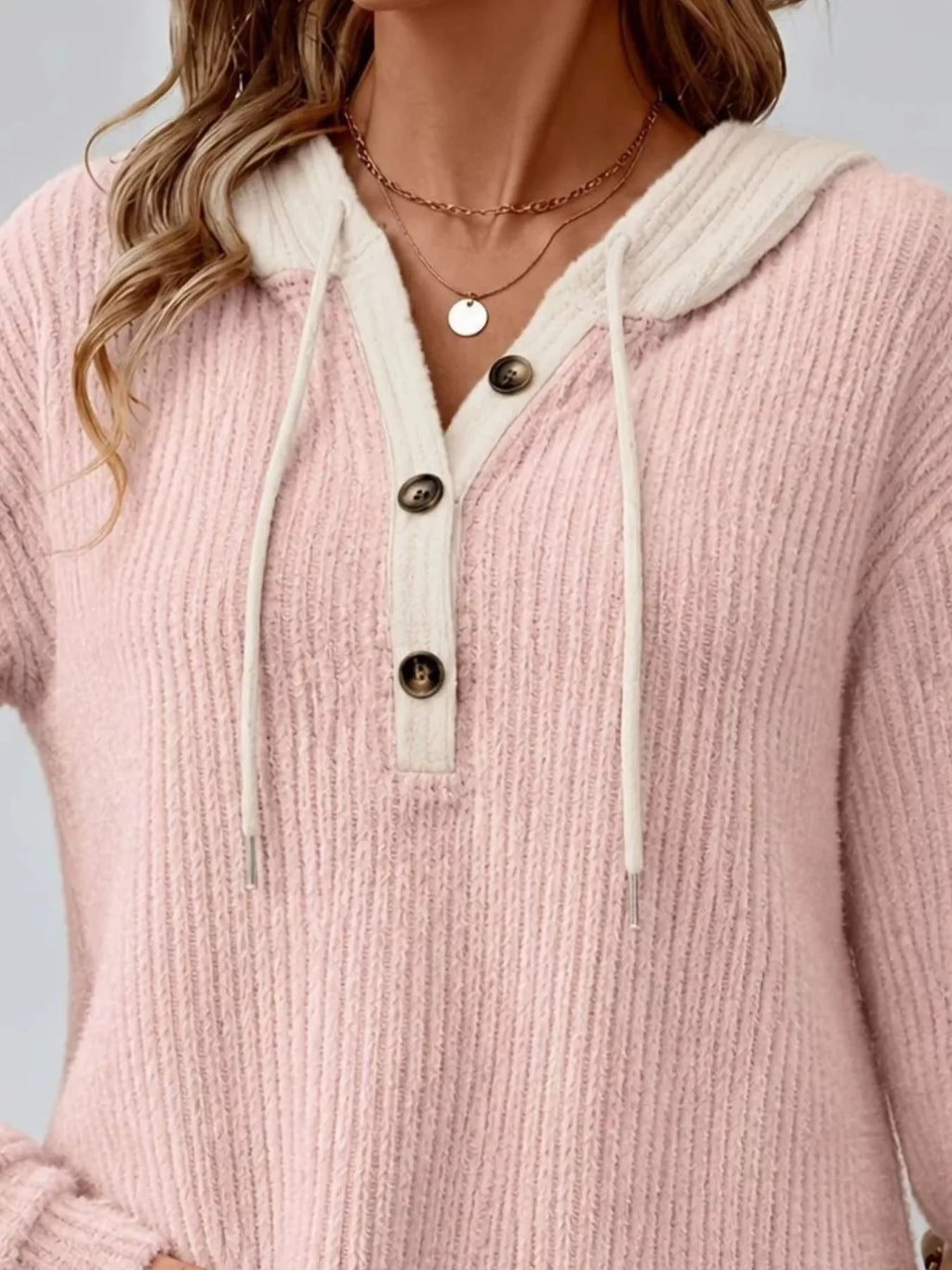 Full Size Drawstring Button Detail Hooded Sweater Plus Size