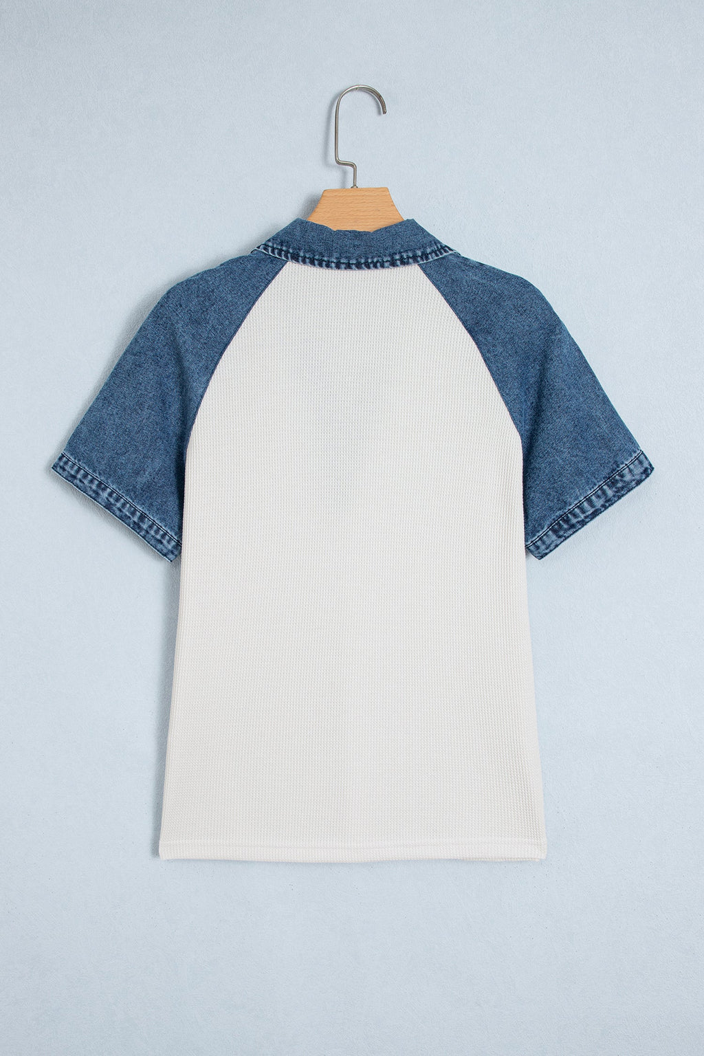 White Textured Color Block Denim Patchwork Polo Collar Tee