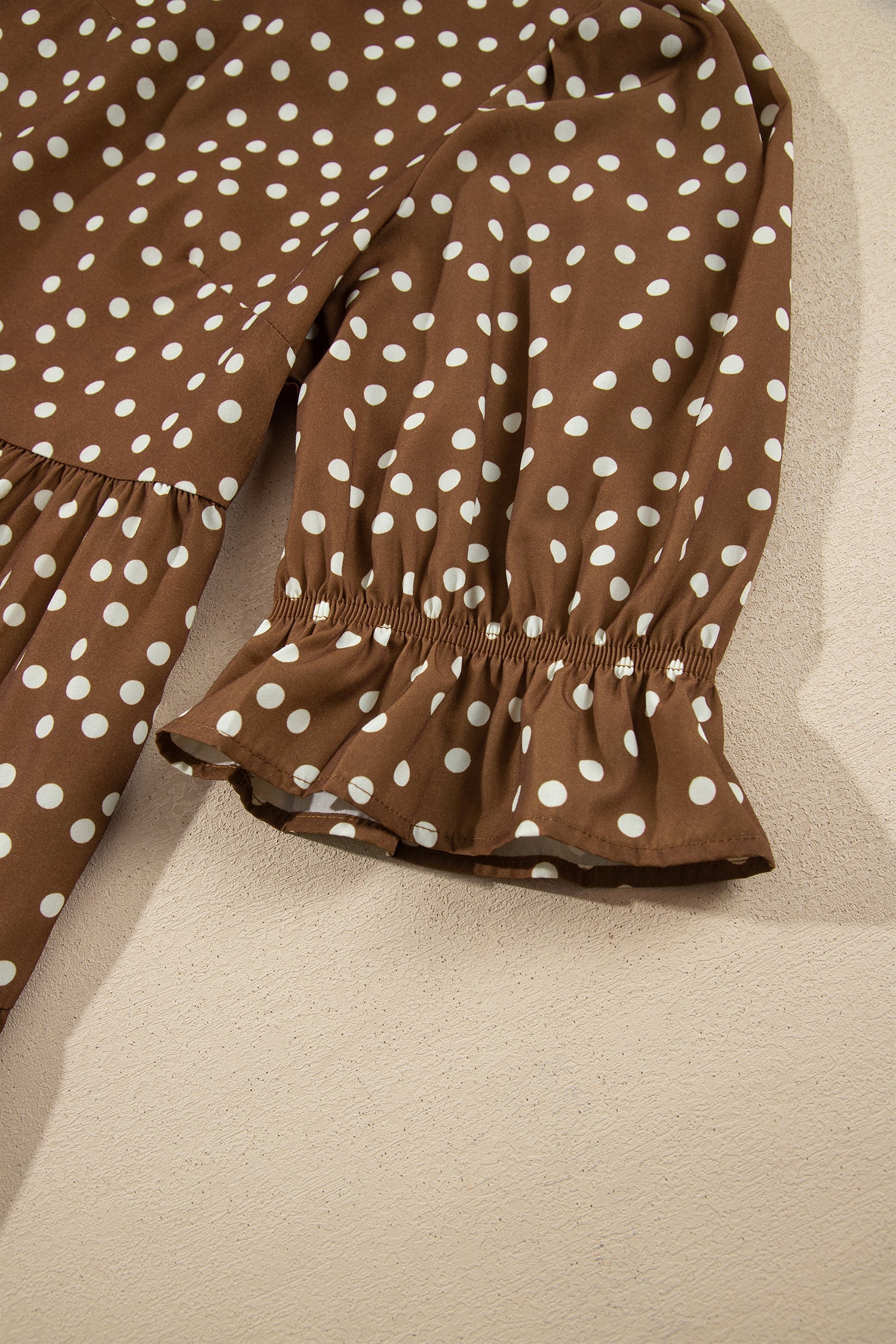 Brown V Neck Polka Dot Long Sleeve Shift Plus Size Dress