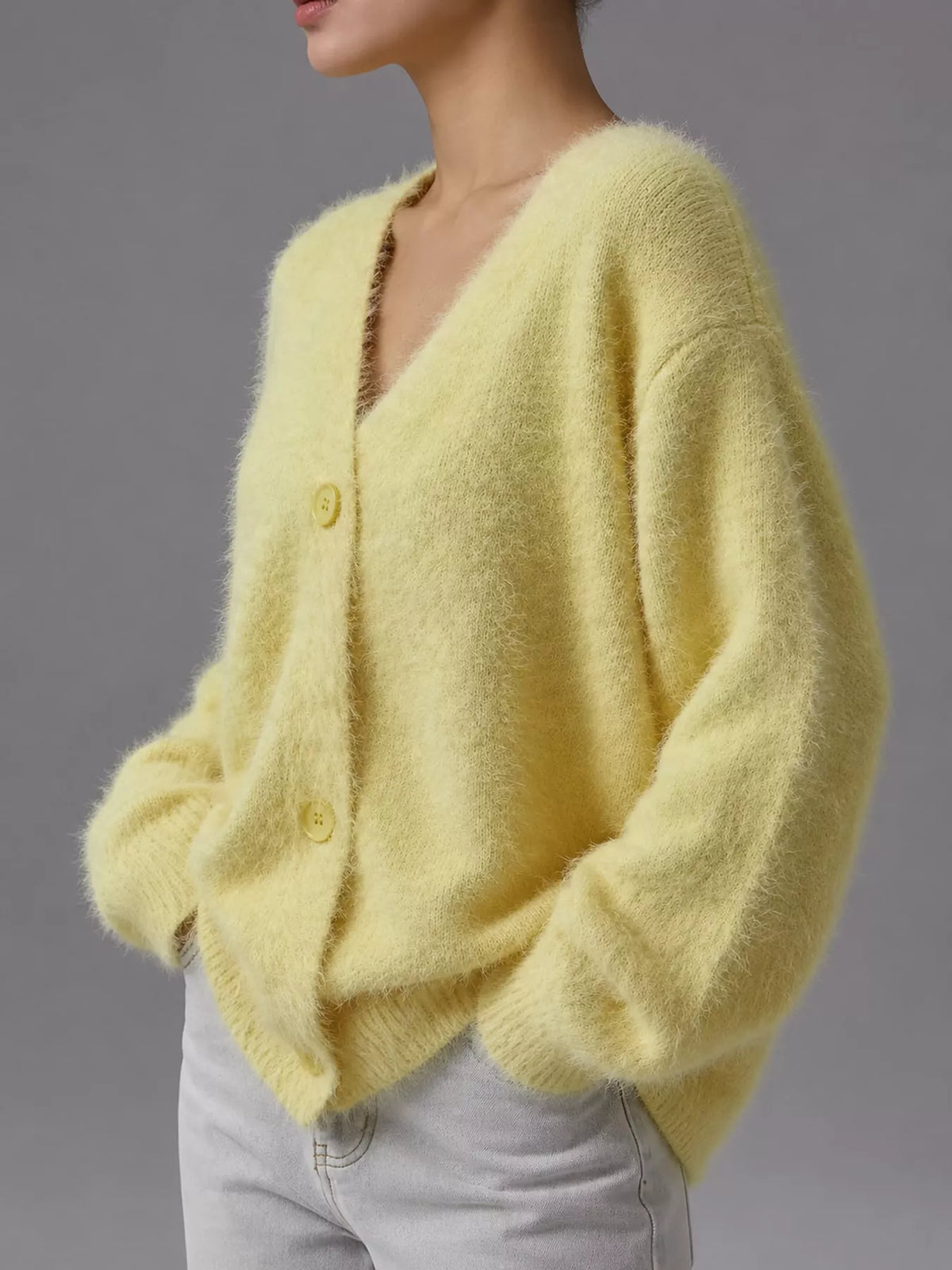 Fuzzy V-Neck Button-Down Cardigan