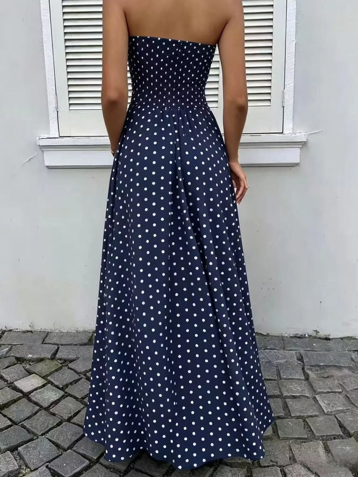 Strapless Polka Dot Ruched Maxi Dress