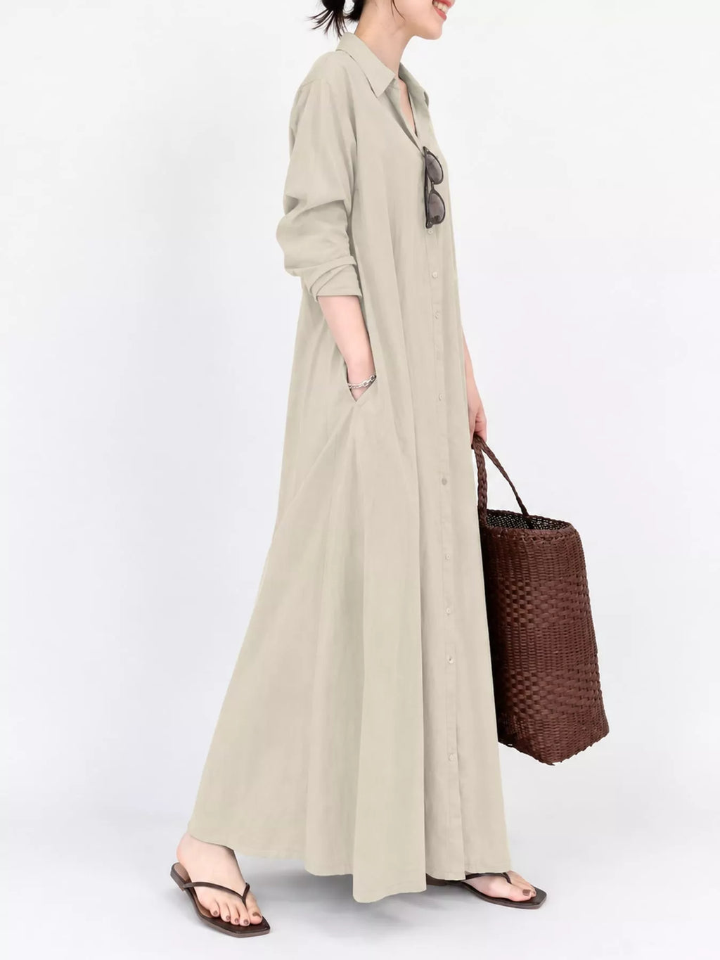 Full Size Button Front Long Sleeve Maxi Shirt Dress Plus Size
