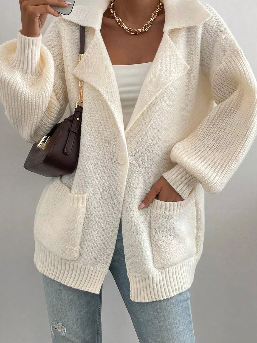 Solid Color Knit Lapel Collar Single Button Sweater Cardigan