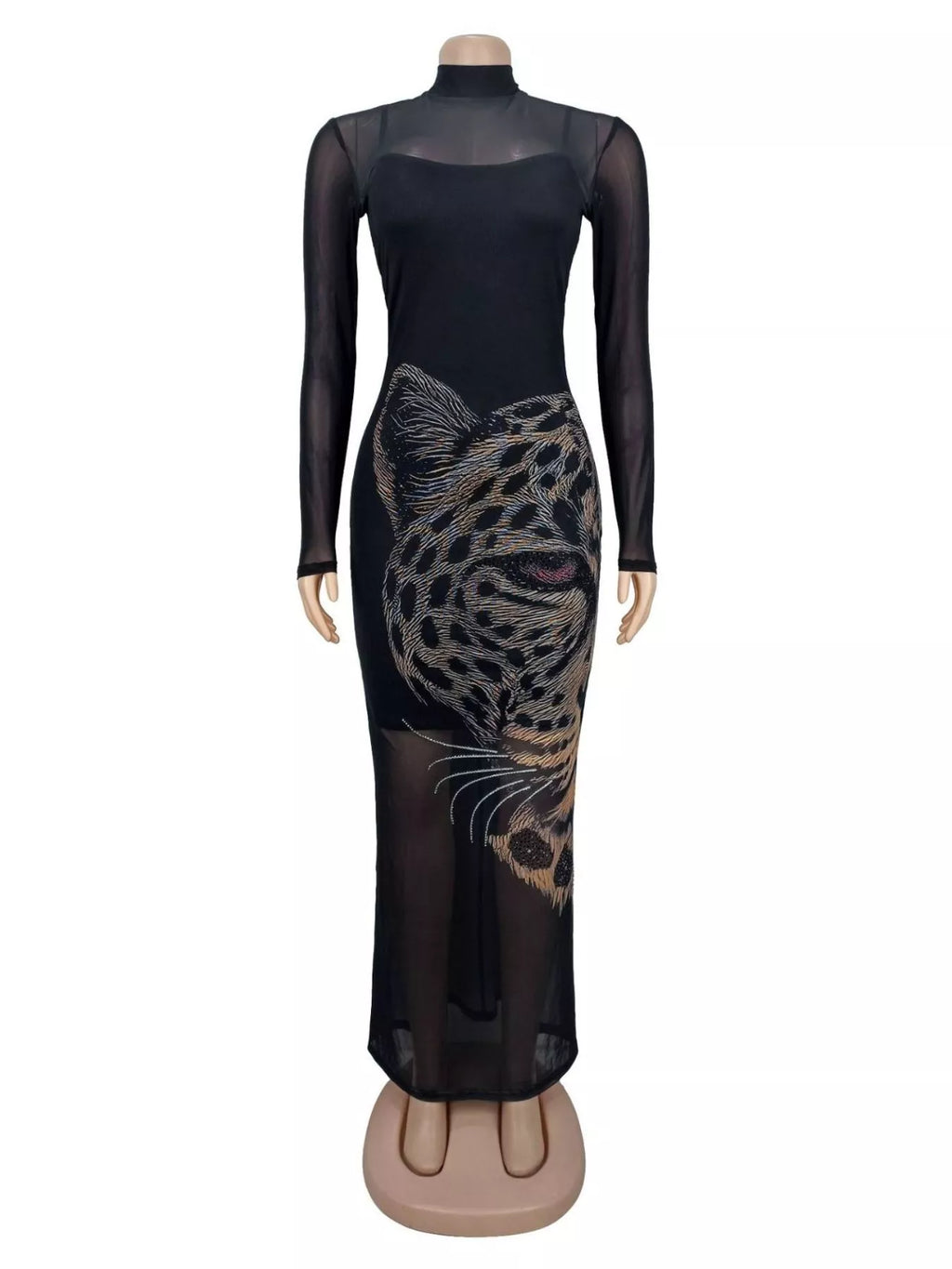 Leopard Print Mesh Long Sleeve Maxi Dress