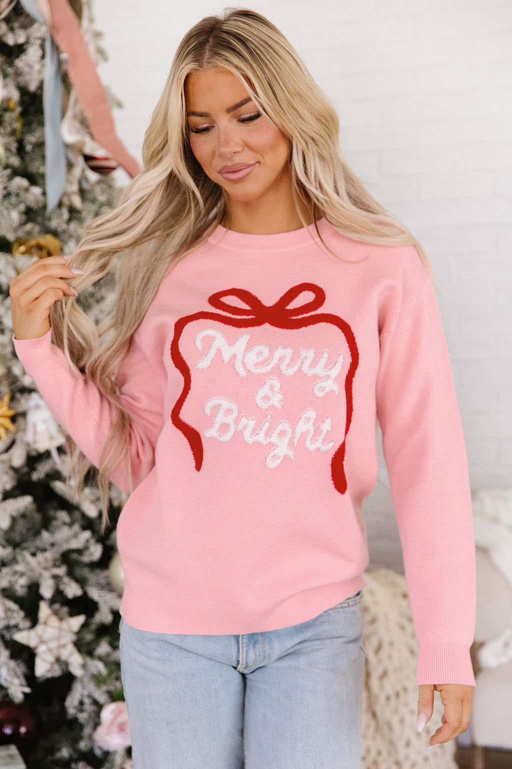 Gossamer Pink Drop Shoulder Round Neck Towel Embroidery Slogan Pullover Sweater