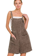 Woven Double Gauze Acid Wash Overall Shorts Romper in Brown