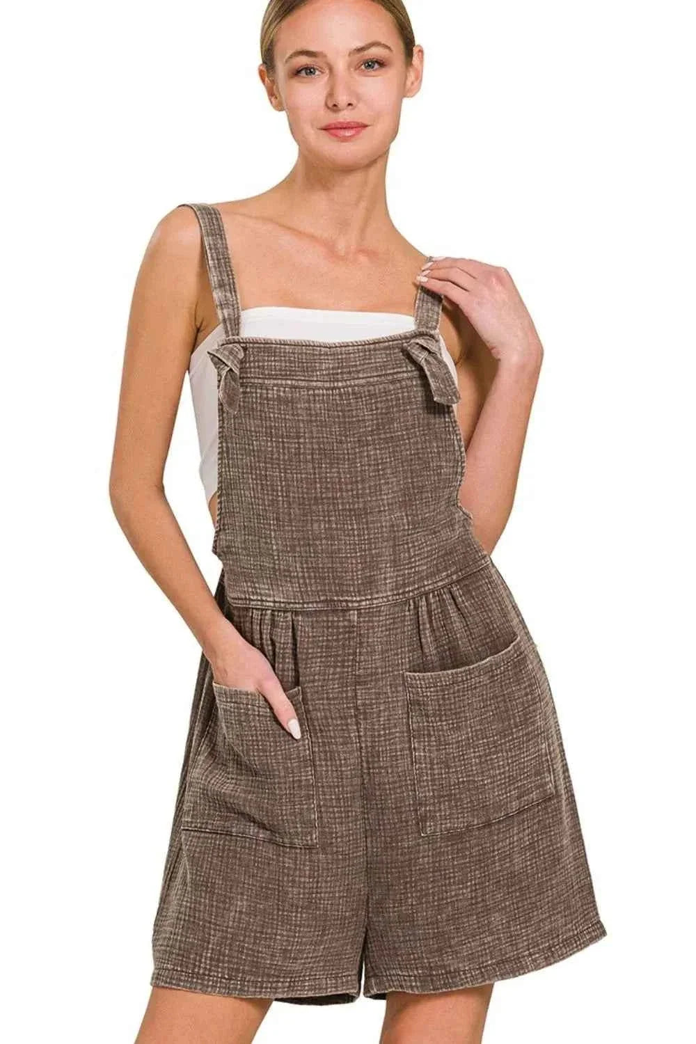 Woven Double Gauze Acid Wash Overall Shorts Romper in Brown