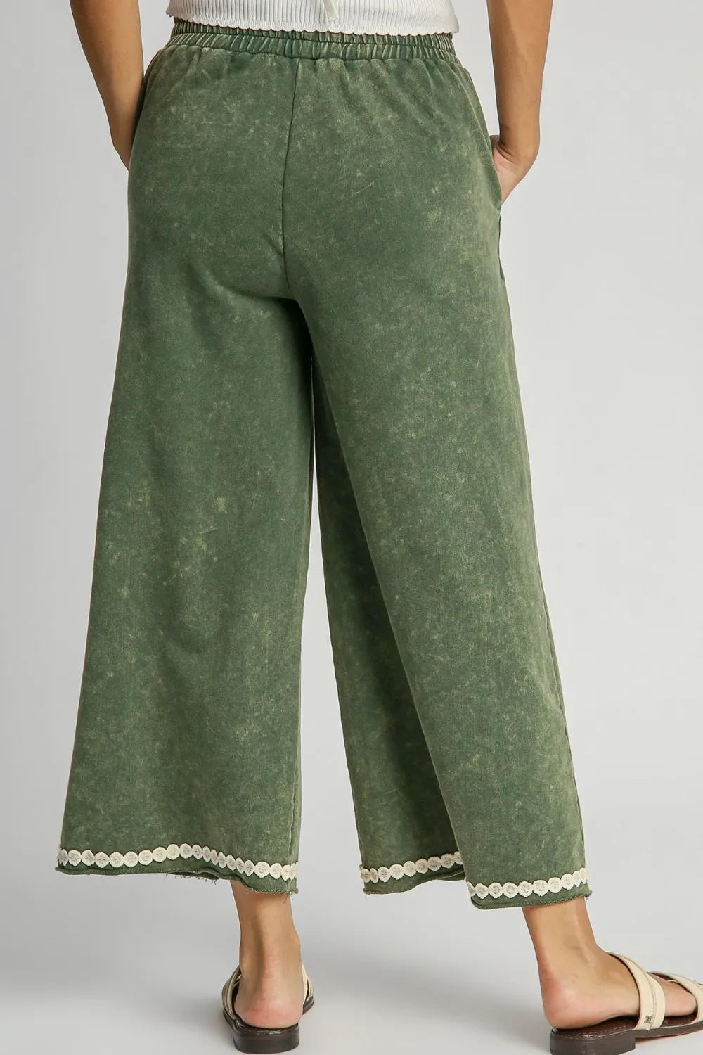 Umgee Full Size Peace Lace Applique Mineral Wash Wide Leg Pants Plus Size