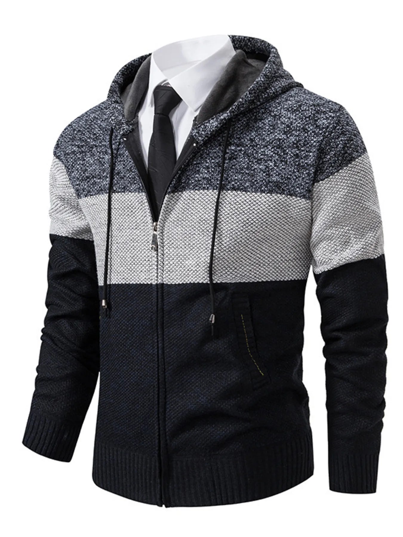 Men's Plus Size Color Block Hooded Zip-Up Cardigan