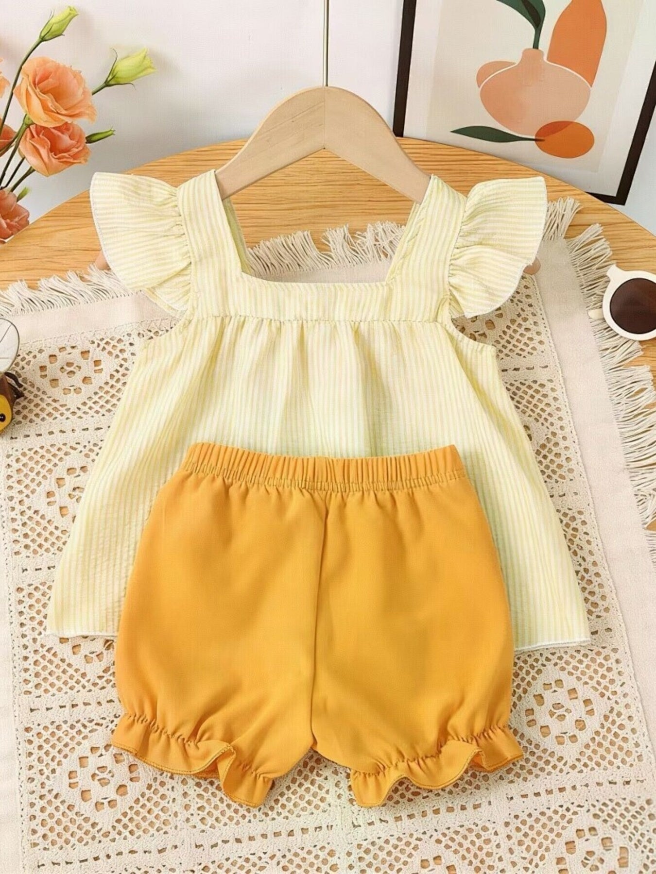 Children's Bee Embroidered Ruffle Trim Top and Shorts Set