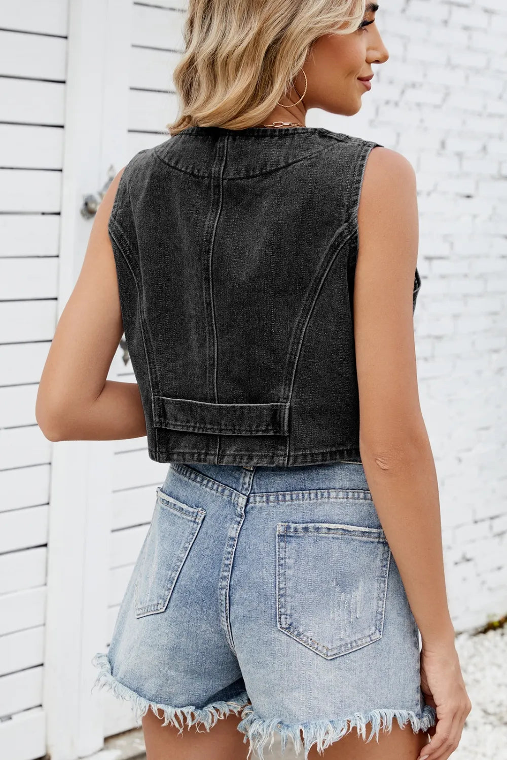 Button Down V-Neck Denim Vest