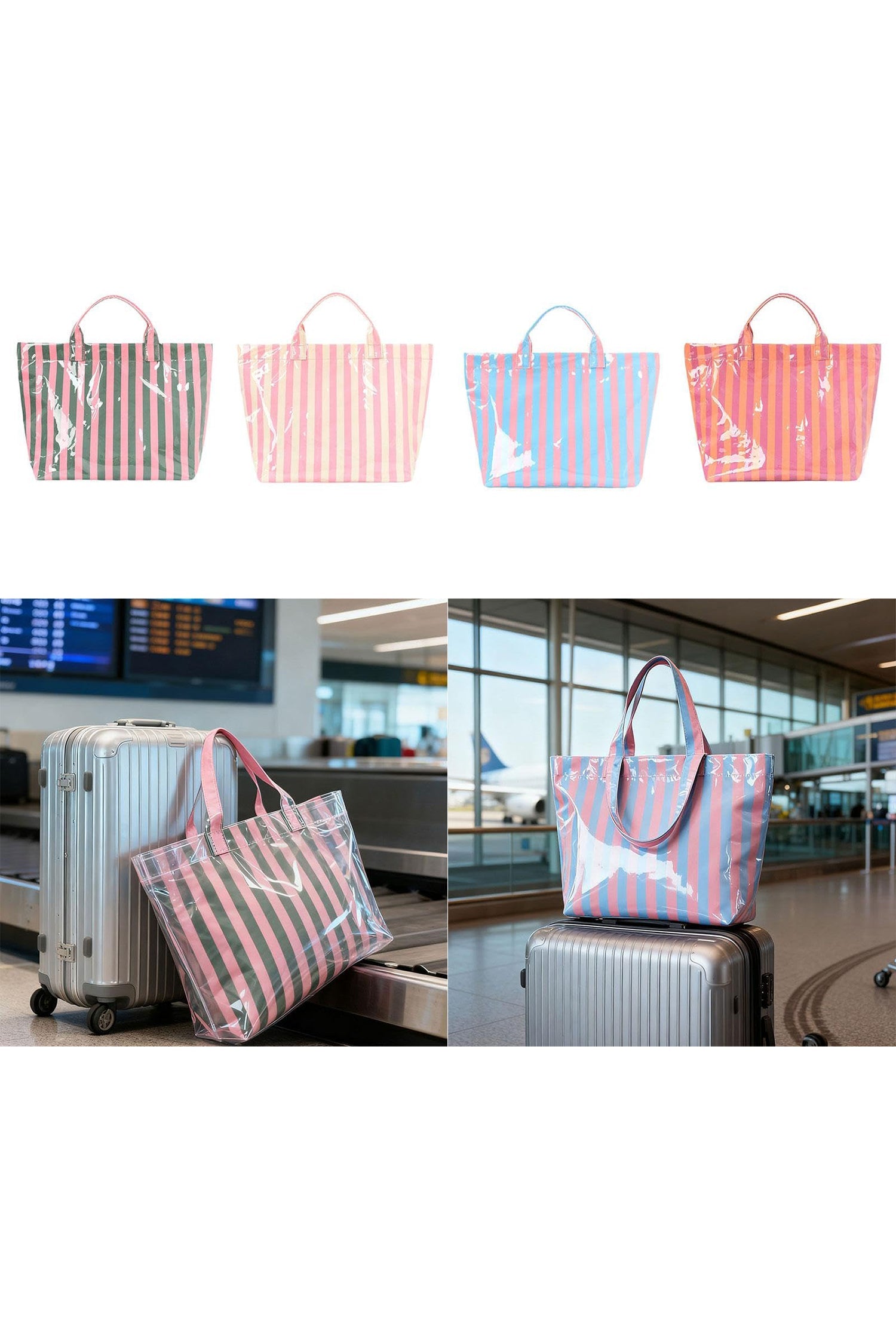 Light Blue Glossy Striped Vinyl Large Tote Bag