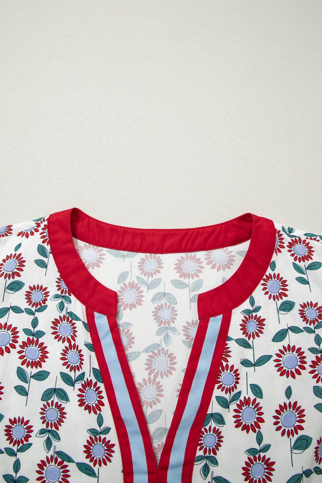 Red Cute Sunflower Printed Striped Patchwork Trim Flutter Sleeve Long Dress