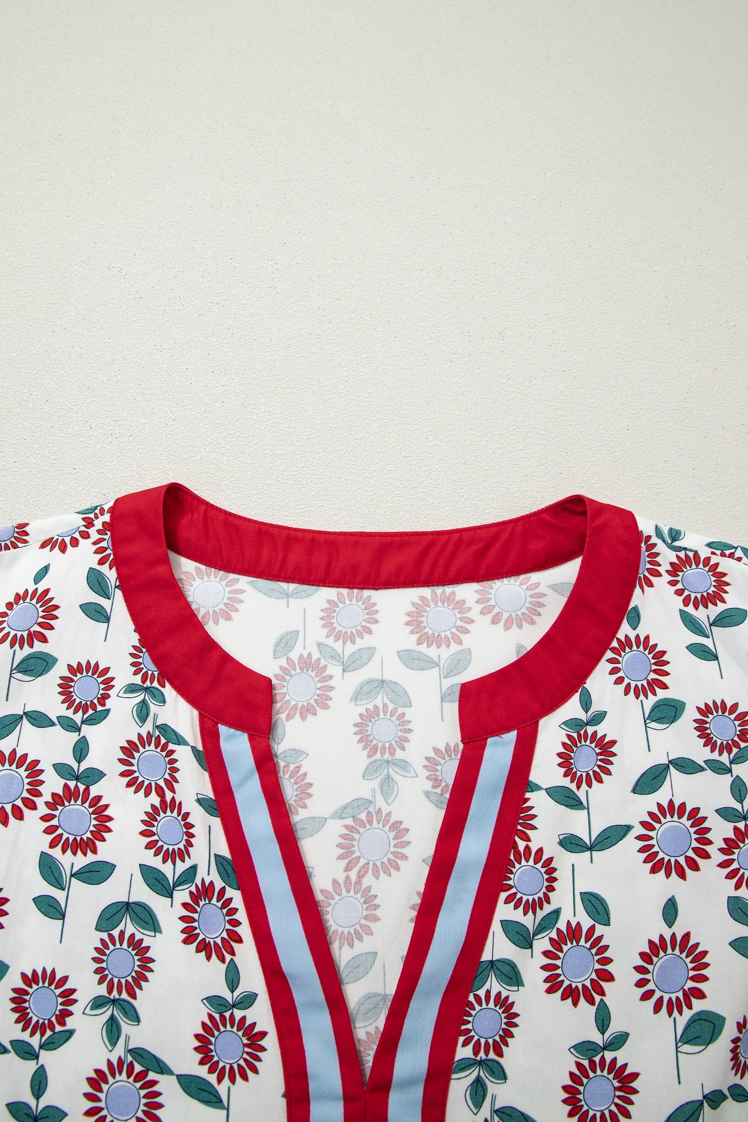Red Cute Sunflower Printed Striped Patchwork Trim Flutter Sleeve Long Dress