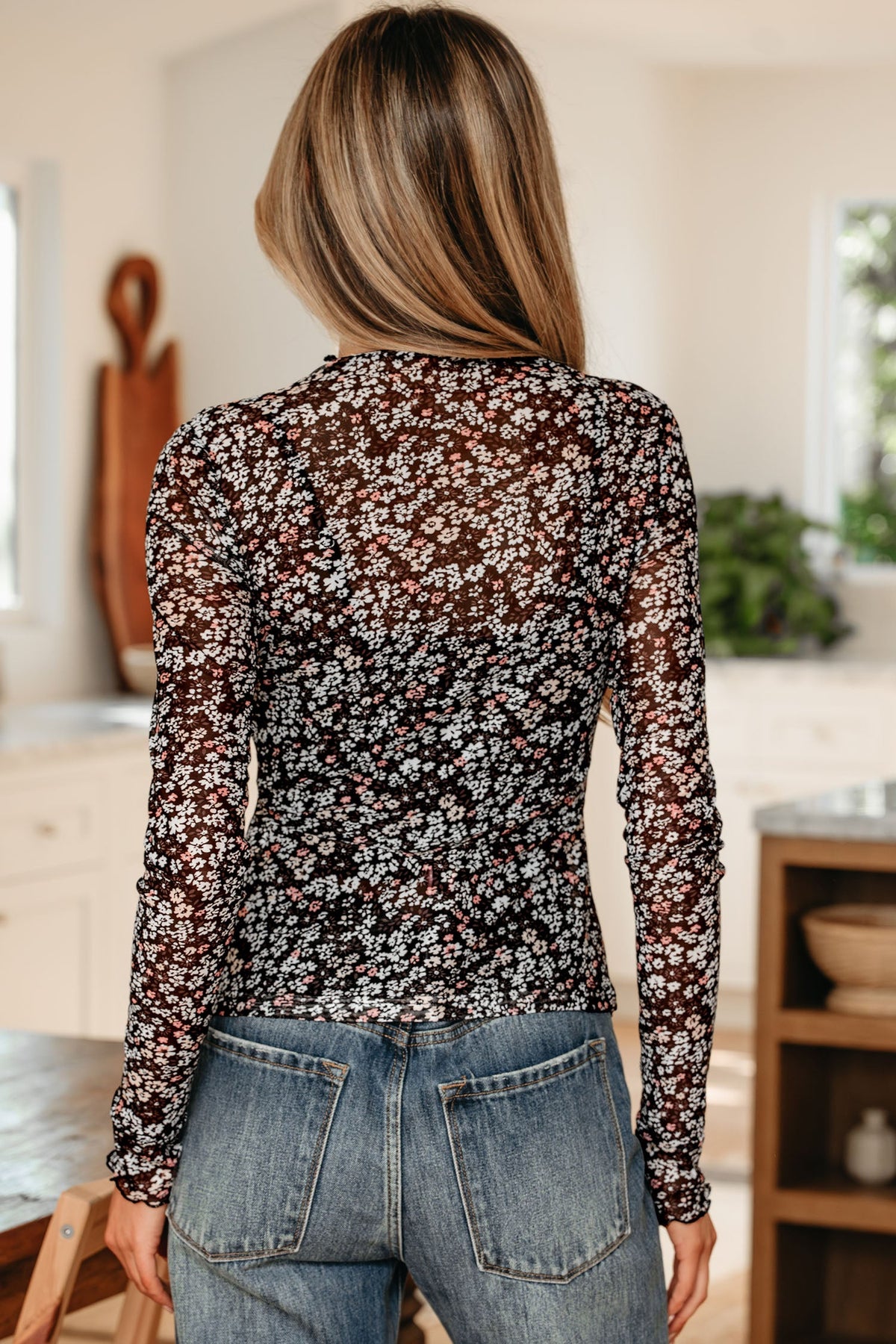 Black Ditsy Floral Mesh Thumbhole Sleeve Slim Fit Top