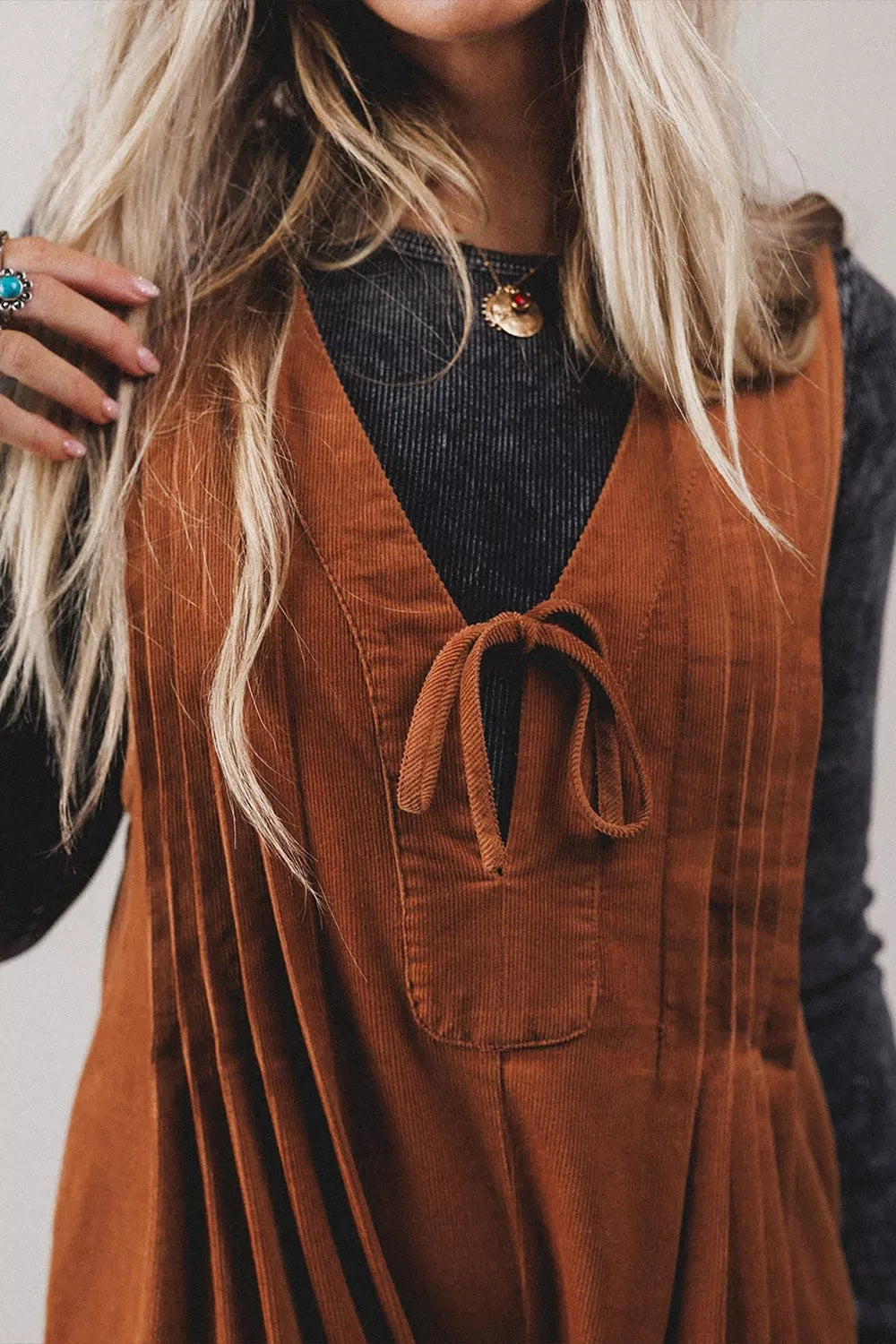 Solid Color Tie V Neck Sleeveless Corduroy Romper