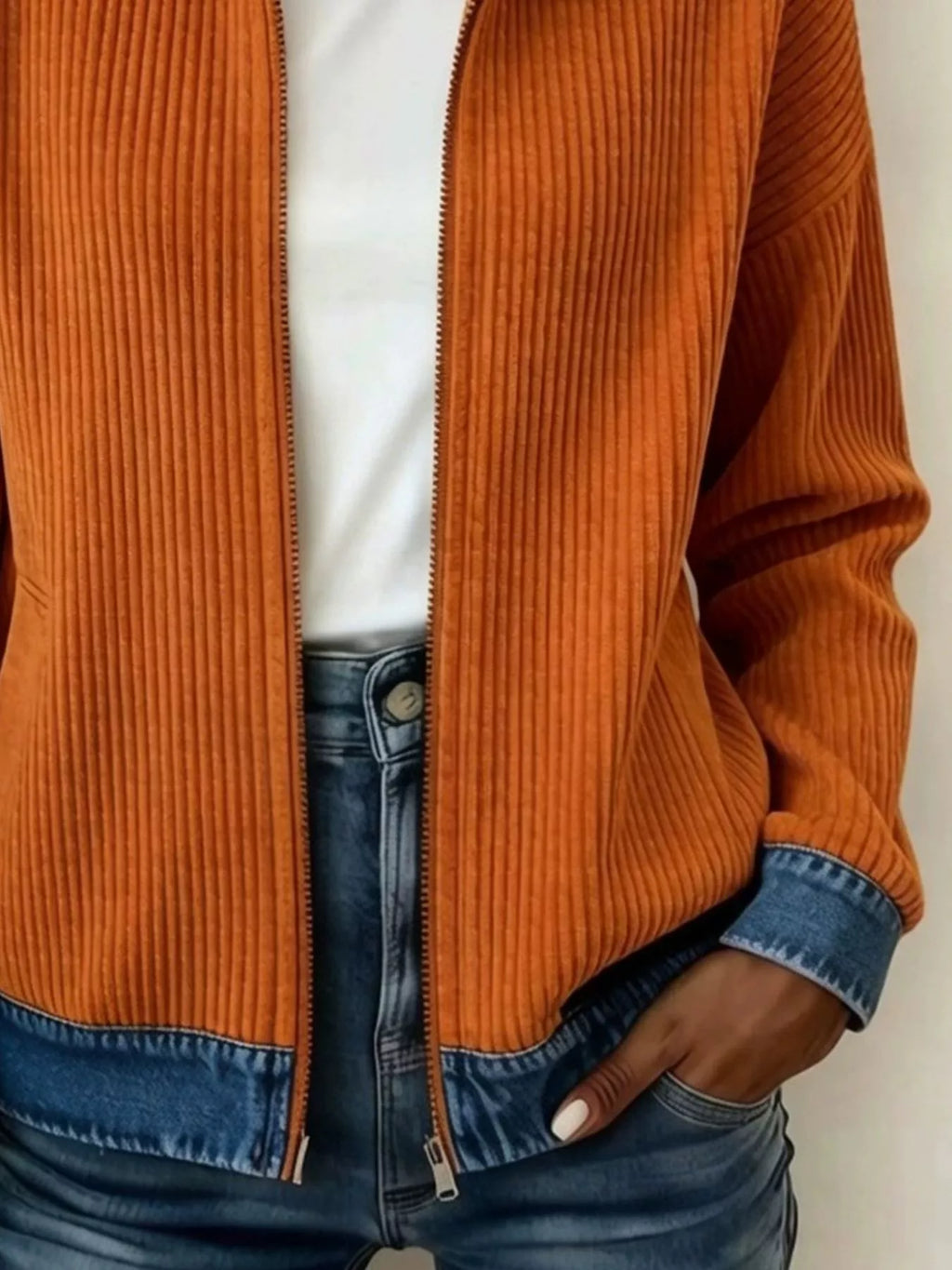 Contrast Denim Collar Ribbed Knit Jacket