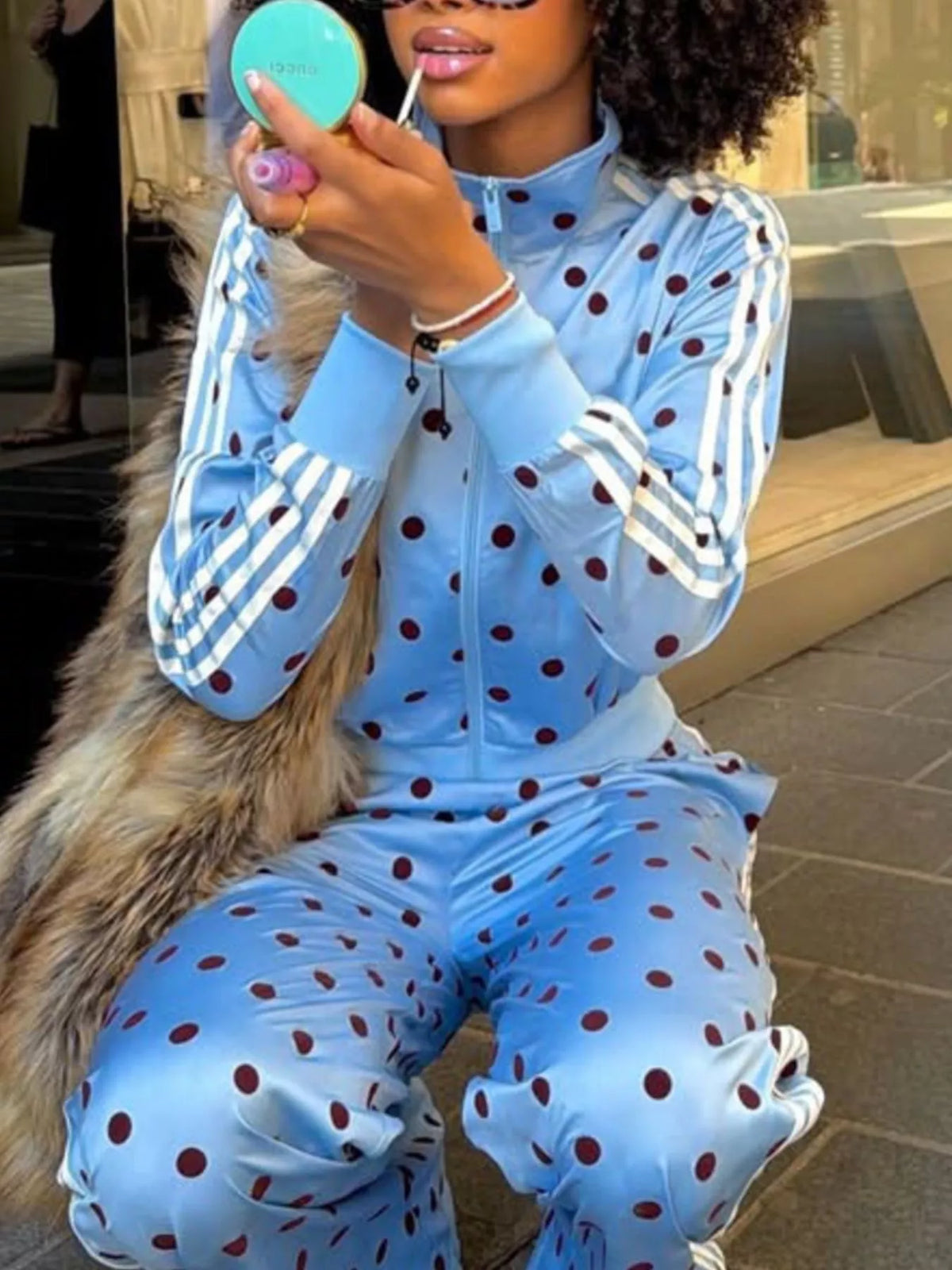 Polka Dot Side Striped Outerwear and Pants Set