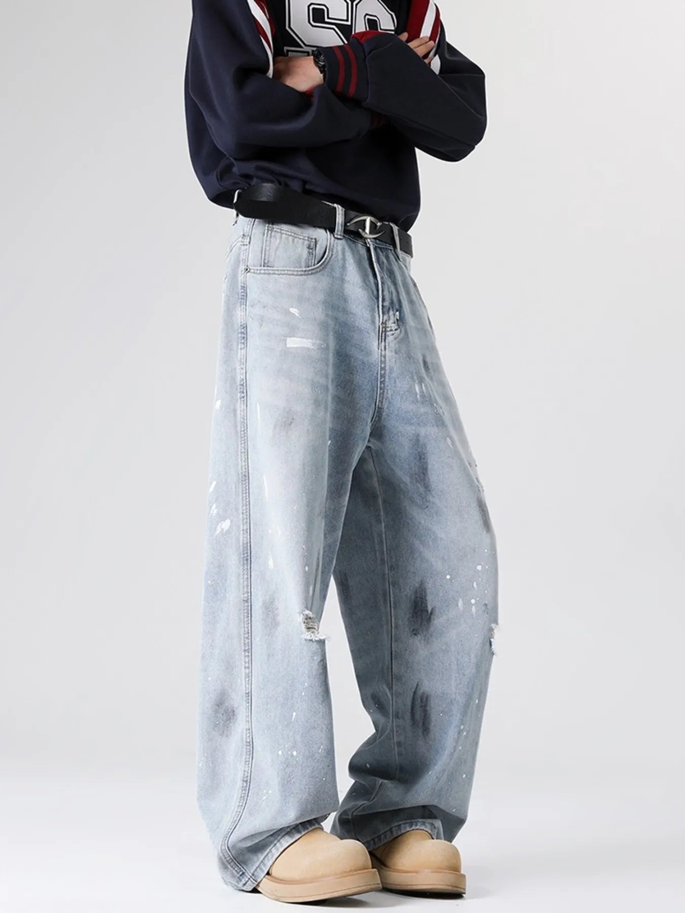 Men's Full Size Distressed Wide Leg Jeans Plus Size