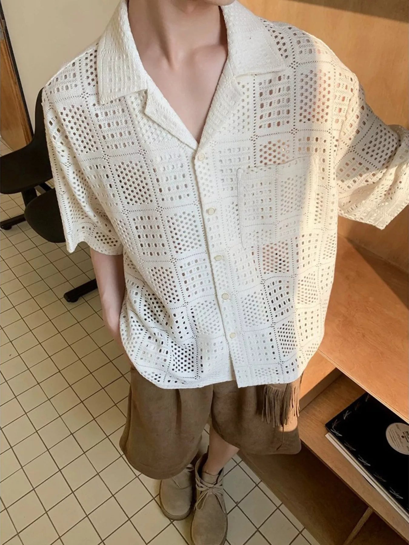 Men's Plus Size Crocheted Square Pattern Short Sleeve Shirt